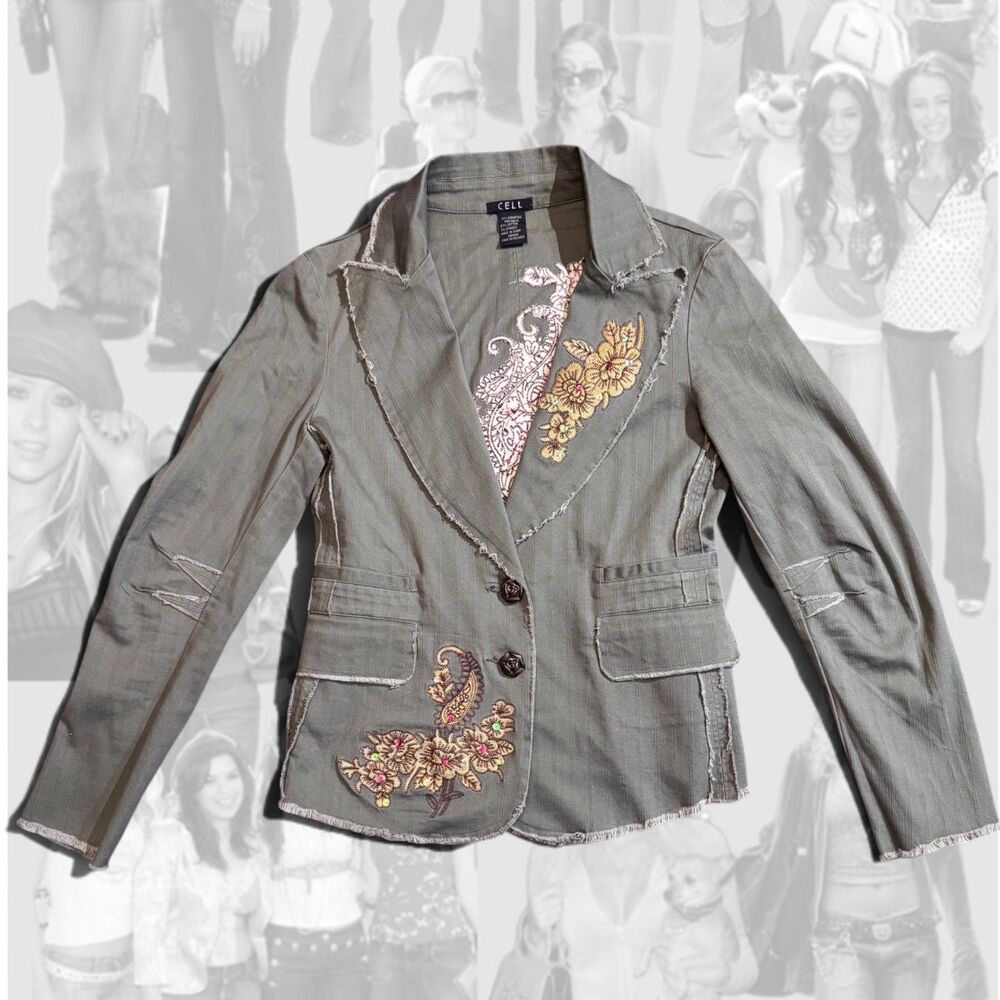 VTG Cell Y2K Olive Green Denim Blazer Jacket Floral Paisley Embroidered MD